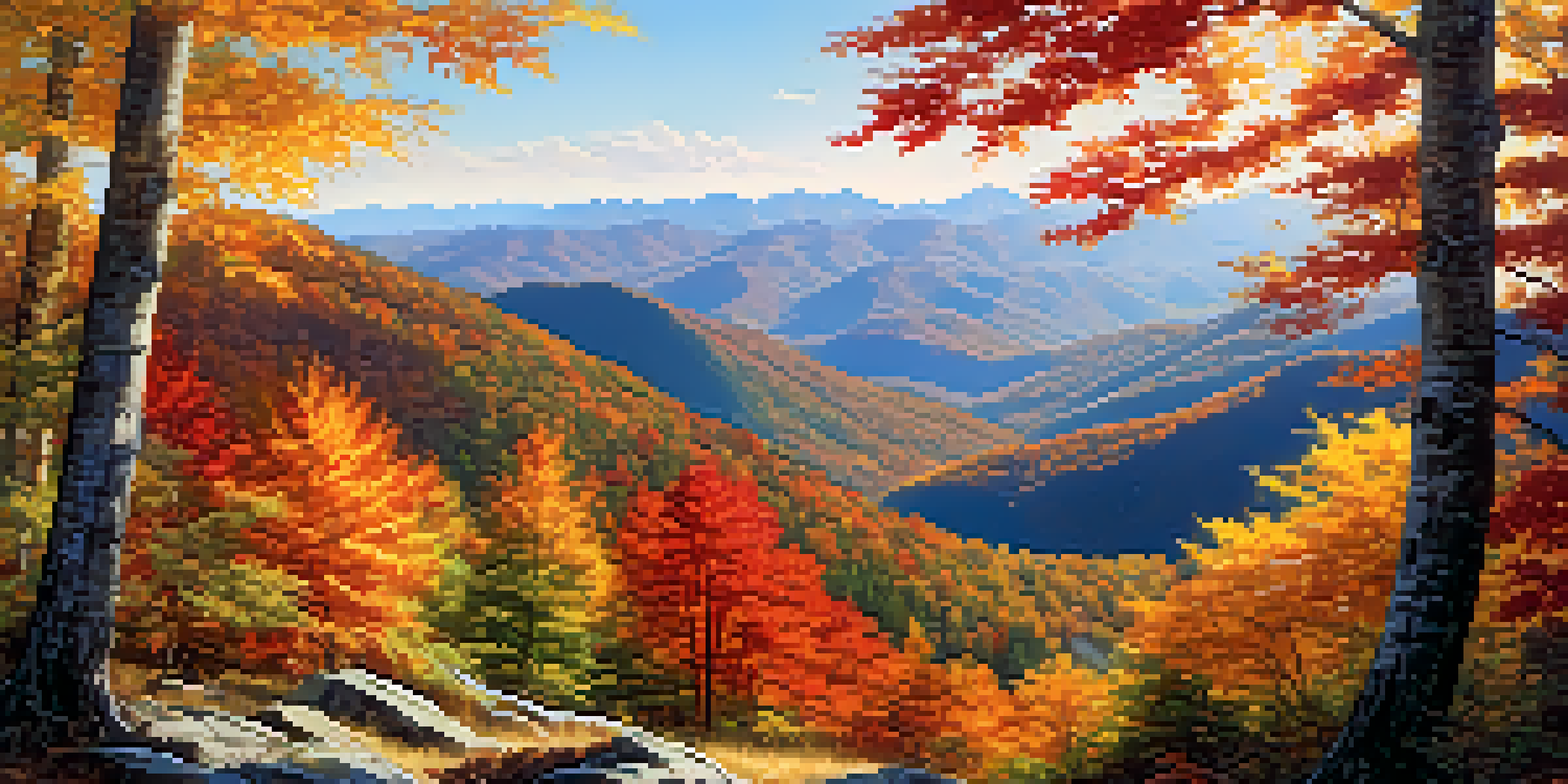 A wide view of North Carolina's mountains in autumn, featuring colorful foliage and clear skies.