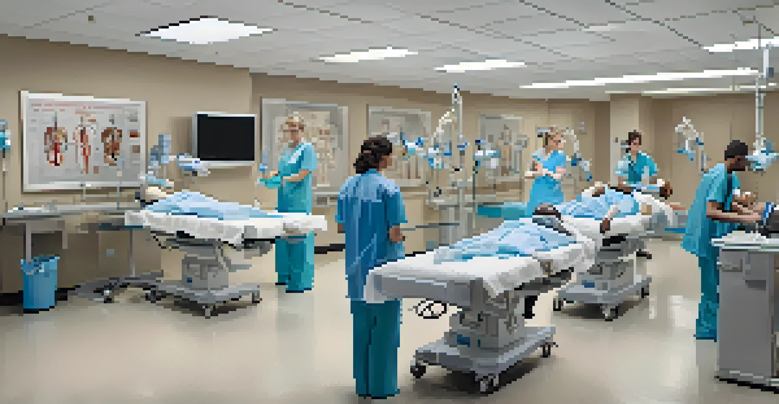 Medical students practicing procedures on mannequins in a simulation lab, highlighting hands-on learning in healthcare training.