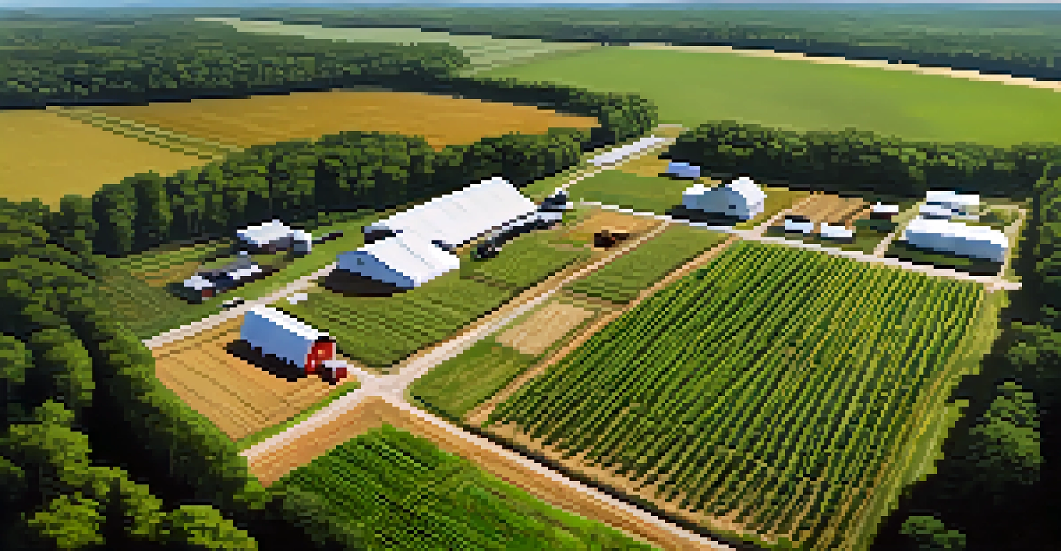 An aerial perspective of a diverse farm in North Carolina with various crops and farmers using drones and technology.