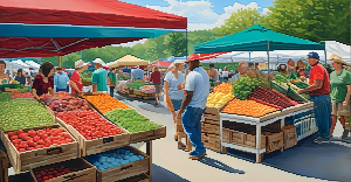 A bustling farmers' market in North Carolina with colorful fruits and vegetables, local vendors, and a sunny atmosphere.