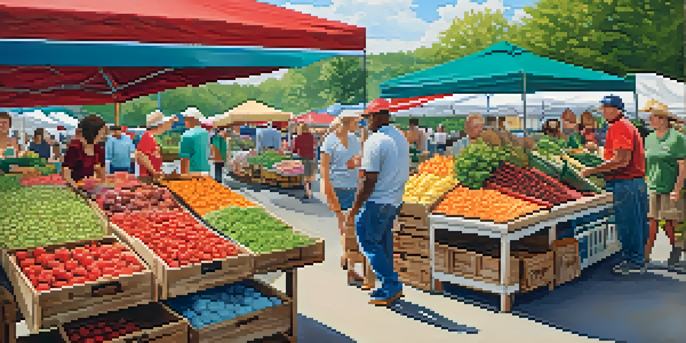 A bustling farmers' market in North Carolina with colorful fruits and vegetables, local vendors, and a sunny atmosphere.