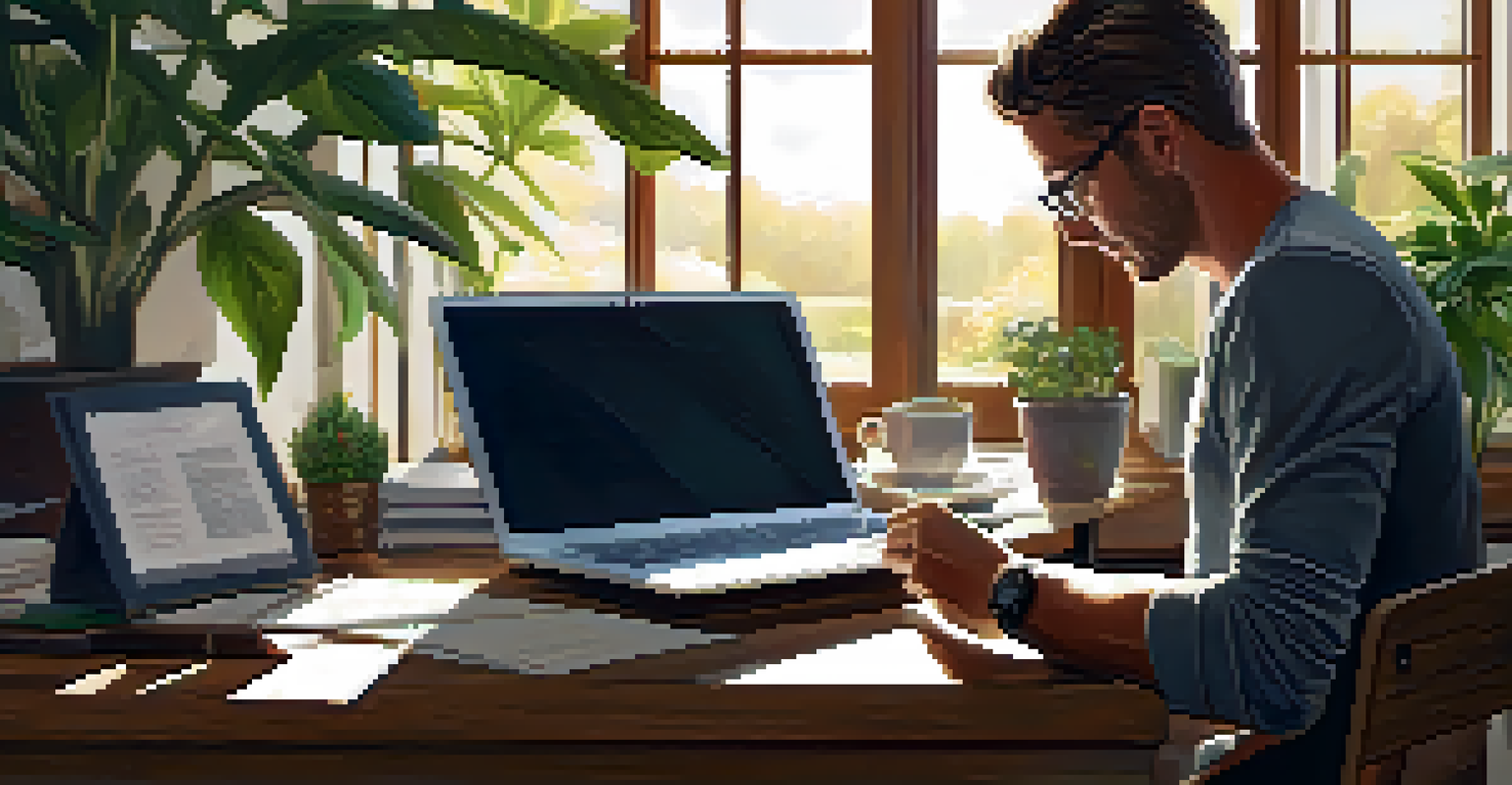 A close-up of a business owner in North Carolina reviewing documents at a well-decorated desk with plants and a laptop. Warm morning light enhances the workspace.