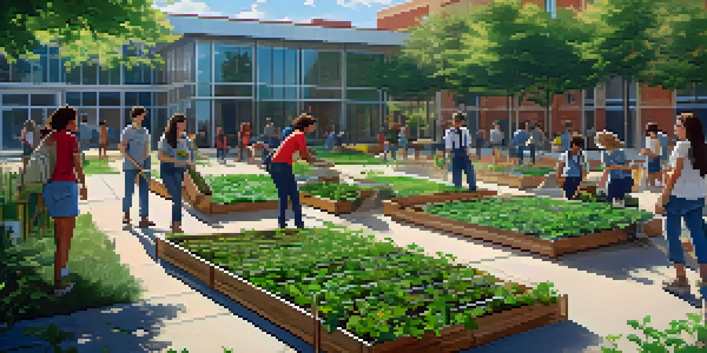 A group of diverse students planting seedlings in a community garden on a college campus, with modern buildings and a blue sky in the background.