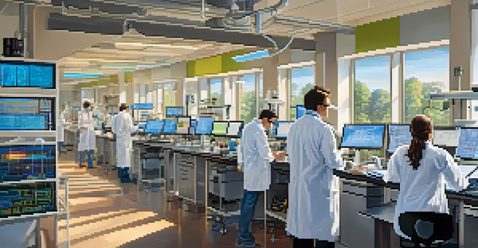 A busy laboratory with scientists collaborating and working with advanced technology and colorful data visualizations.
