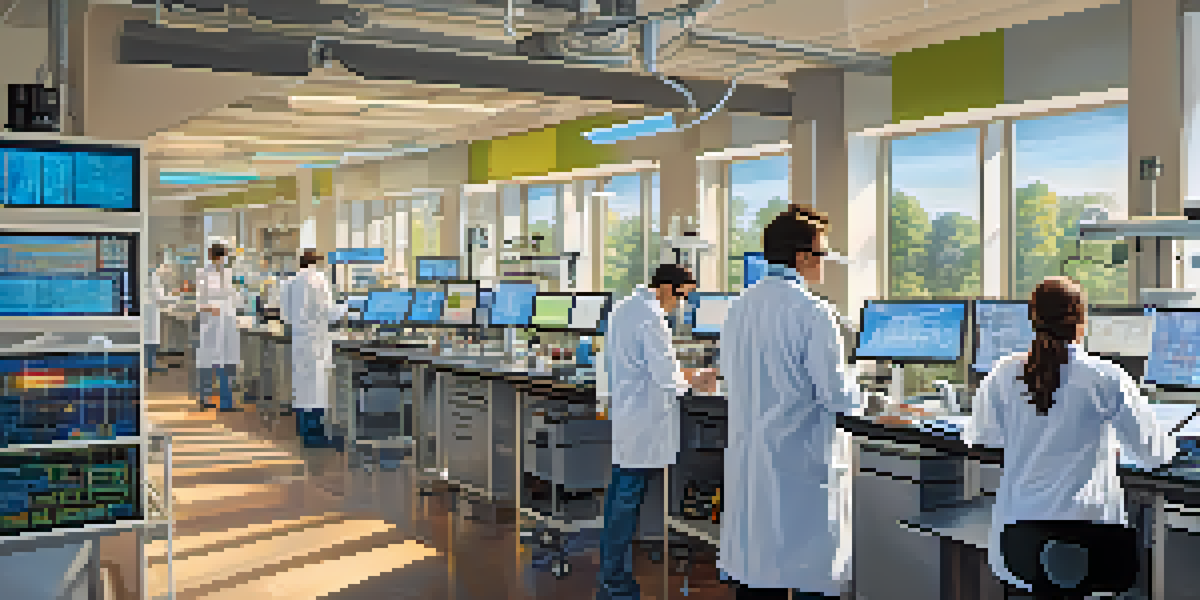 A busy laboratory with scientists collaborating and working with advanced technology and colorful data visualizations.