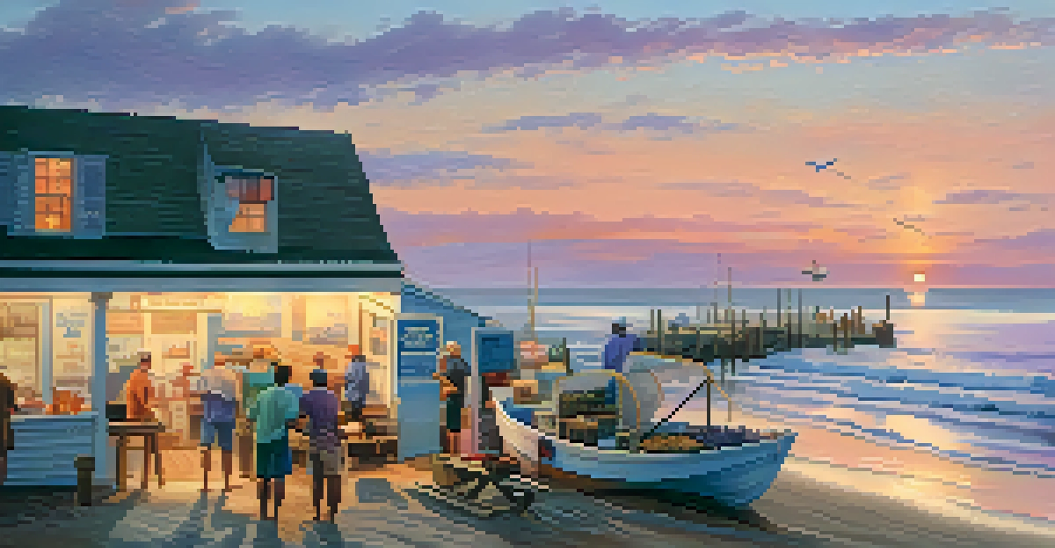 A serene North Carolina coastline at sunset with fishermen unloading seafood and a colorful sky.