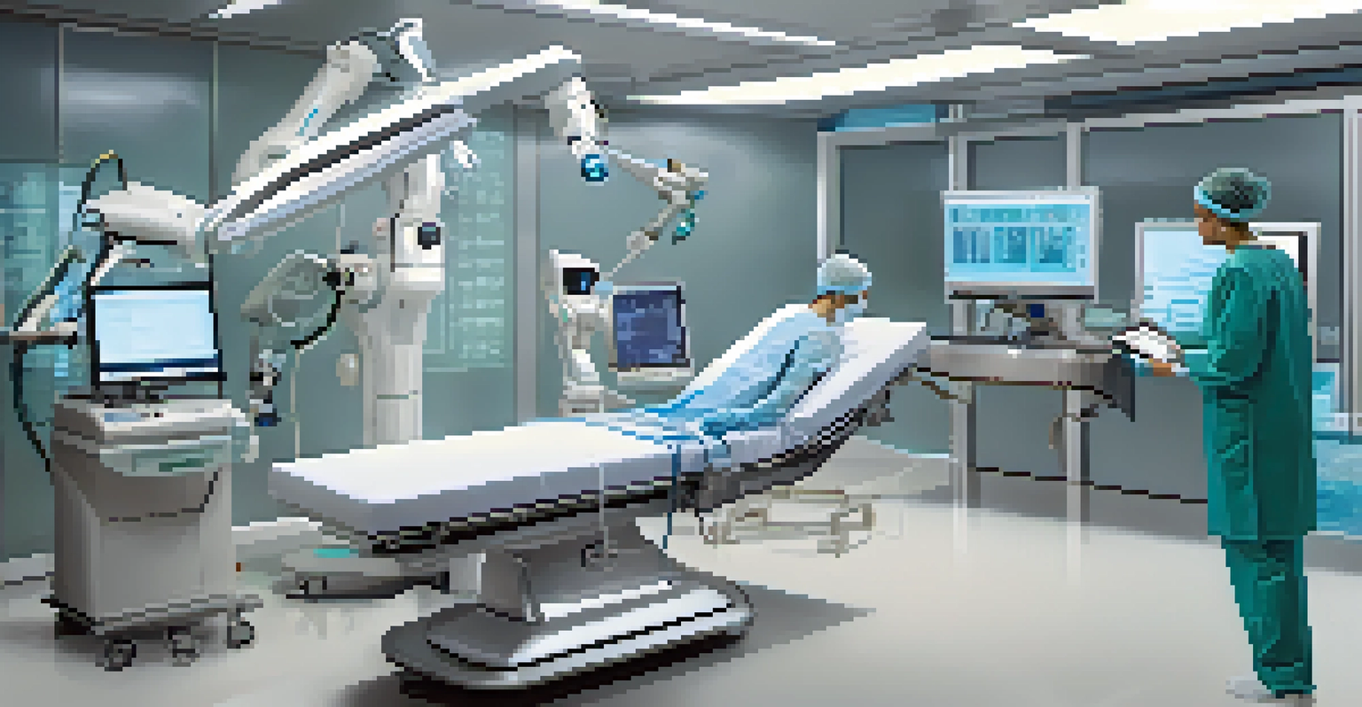 A robotic assistant aiding a doctor in a modern surgical room, with advanced medical equipment.