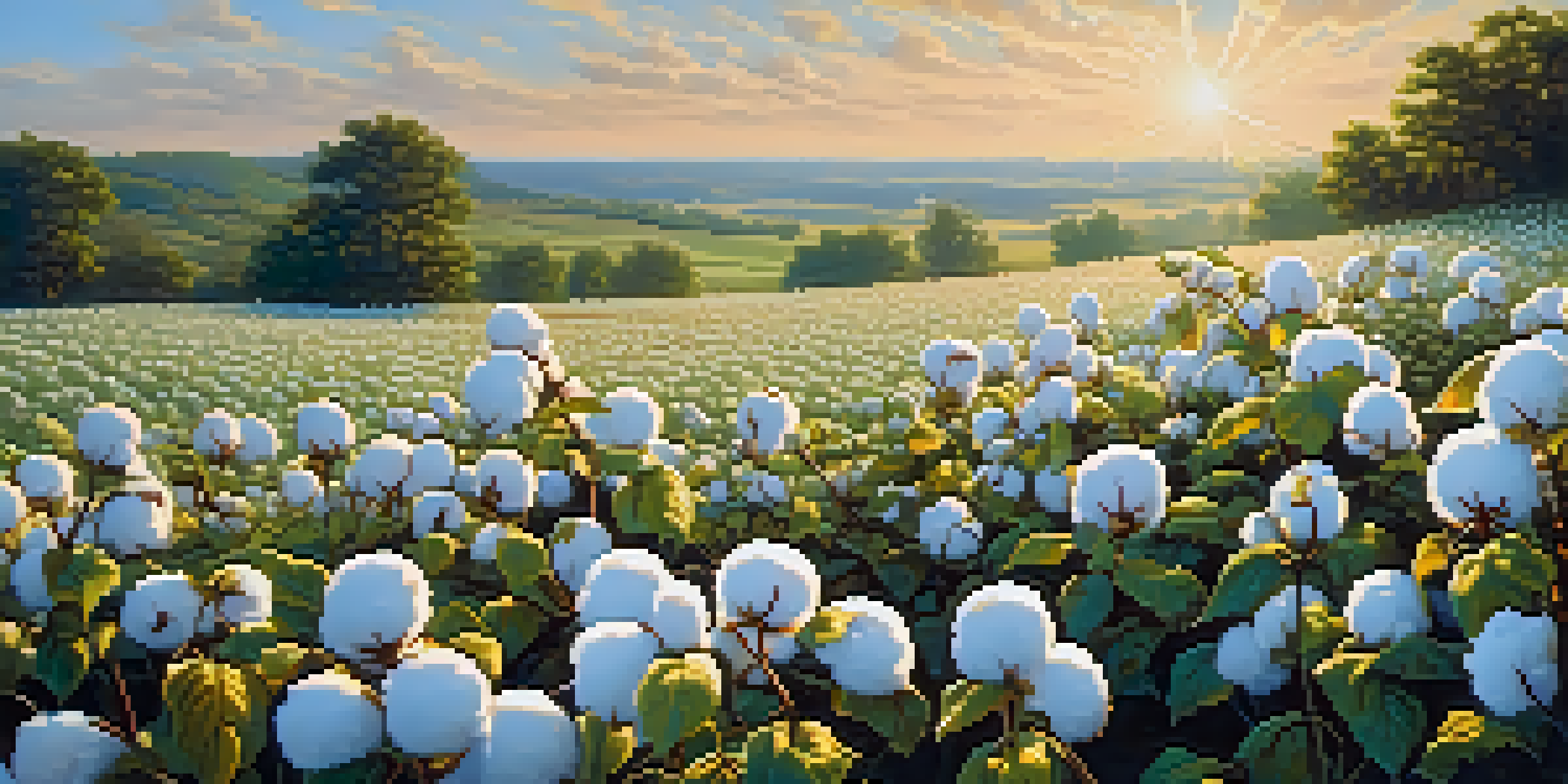 A serene cotton field in North Carolina at sunrise, with fluffy white cotton bolls and green leaves illuminated by golden light.