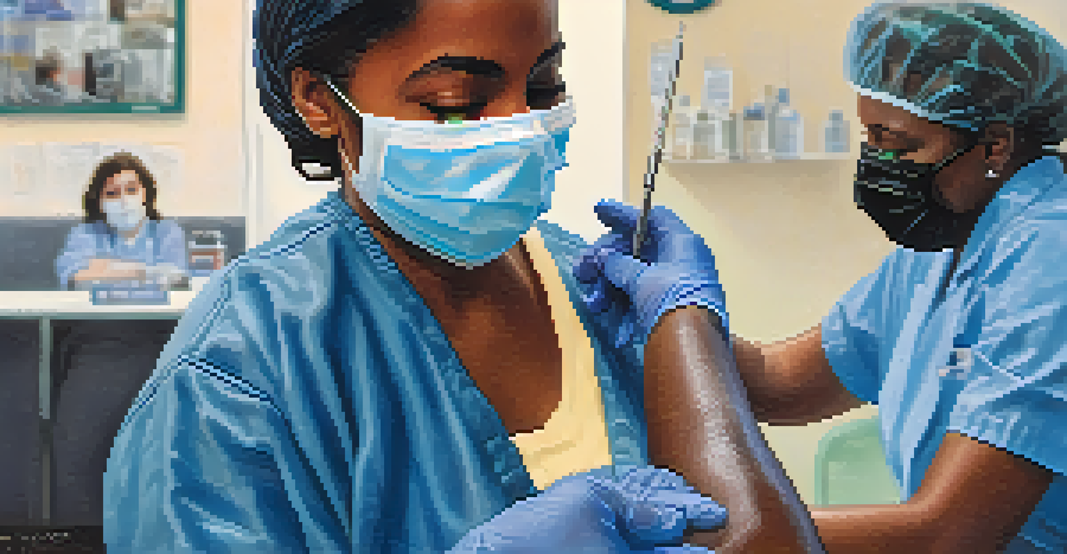 A healthcare worker administering a vaccination to a community member in a clinic setting, with informative posters in the background.
