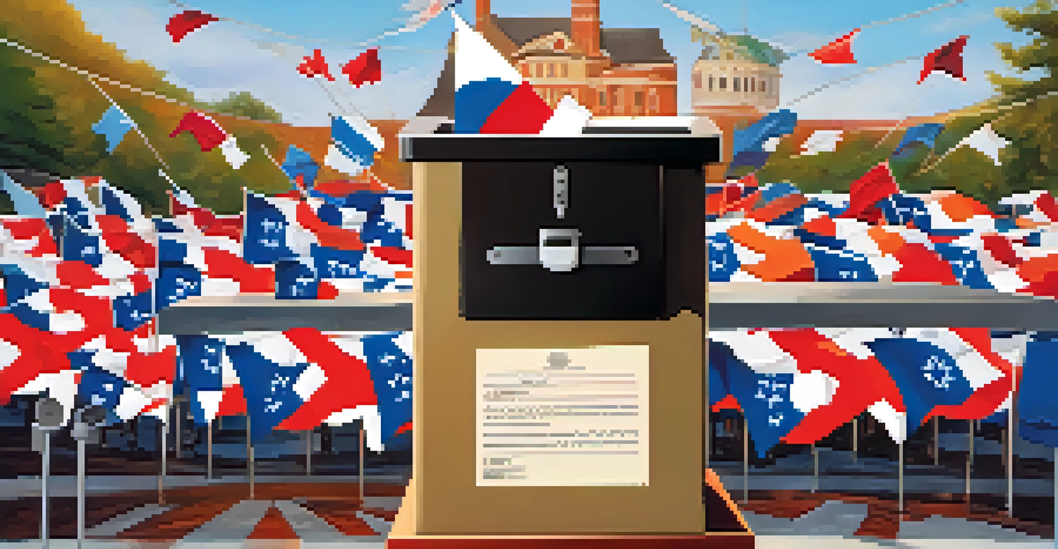 A close-up of a clear ballot box in North Carolina with ballots being dropped inside, surrounded by campaign materials and flags.