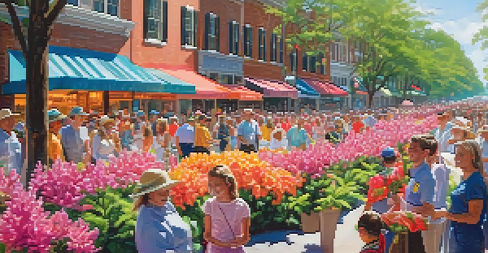 A colorful parade at the North Carolina Azalea Festival with floats, marching bands, and blooming azaleas, set in a sunny spring day.