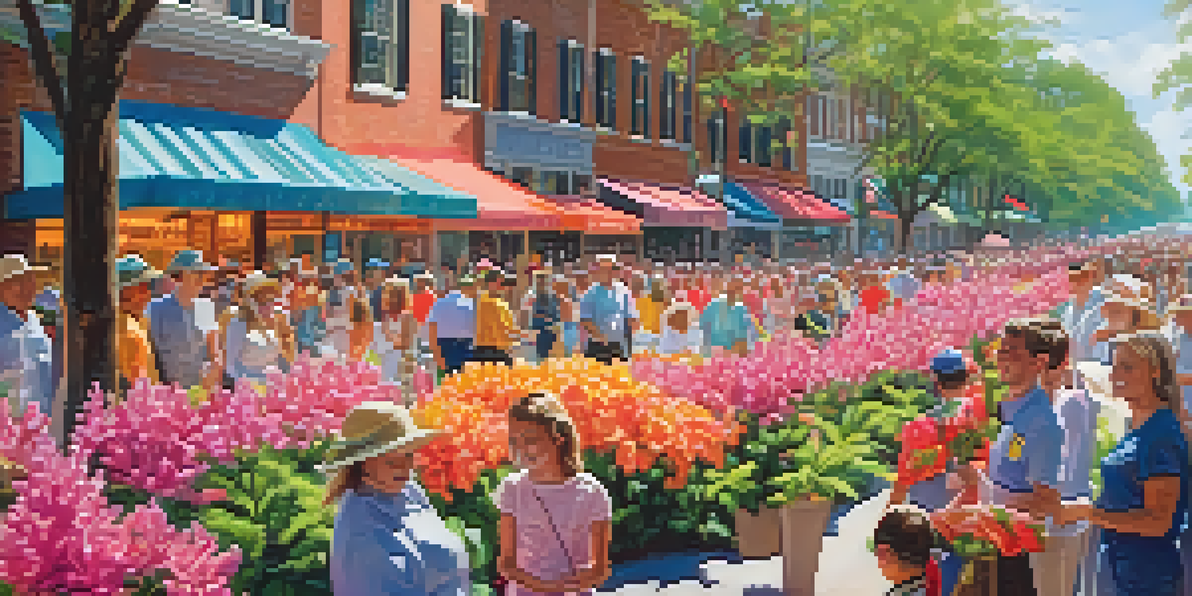 A colorful parade at the North Carolina Azalea Festival with floats, marching bands, and blooming azaleas, set in a sunny spring day.