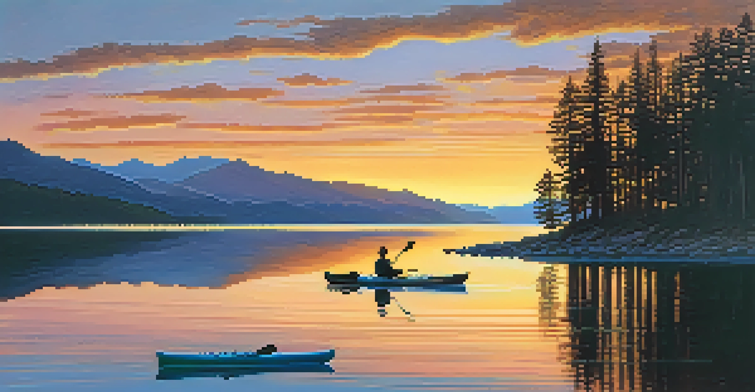 A sunset view of Lake Fontana with a kayak on calm waters and mountains in the background.