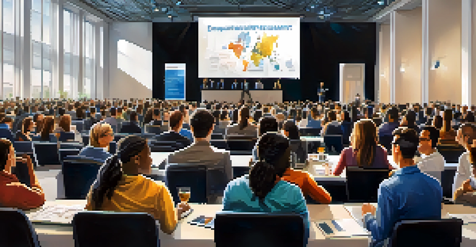 Students presenting their innovative business ideas at an entrepreneurship summit, with a panel of industry leaders and an engaged audience in a vibrant setting.