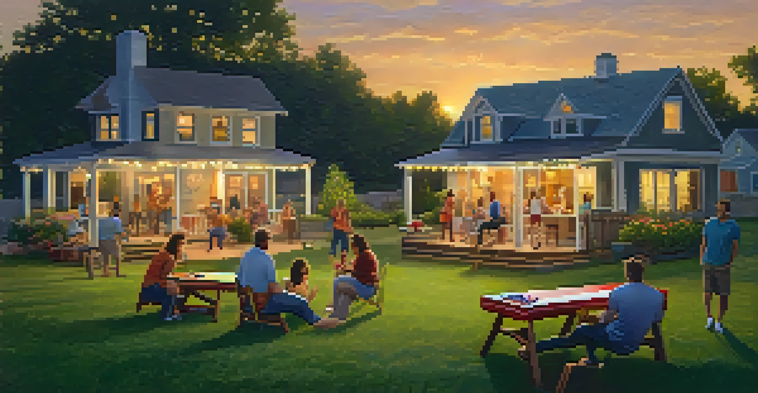 Friends participating in a cornhole tournament in a backyard during sunset, with colorful boards and festive lighting.