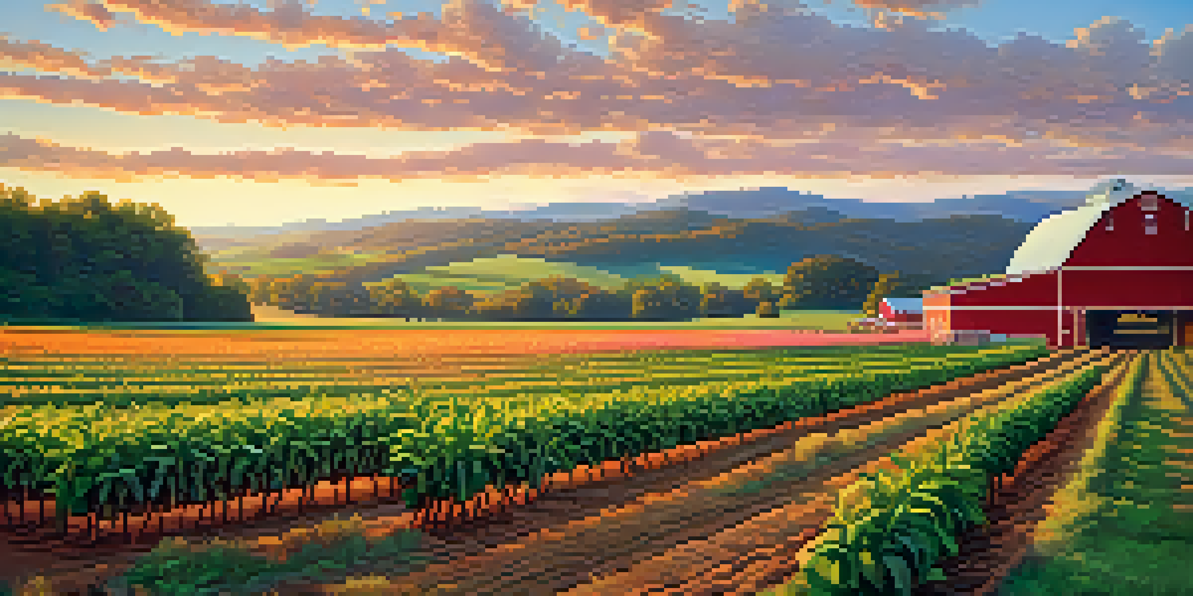A scenic North Carolina farm at sunset, featuring rows of crops, a barn, and rolling hills.