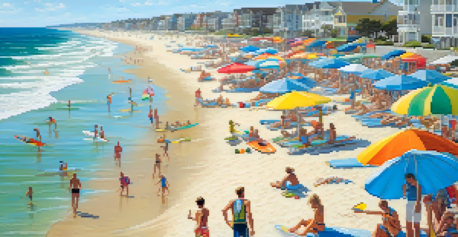 Surfing action at Wrightsville Beach with families enjoying the sandy shore and colorful umbrellas.
