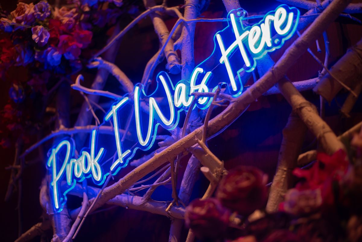 A glowing blue neon sign reading 'Proof I Was Here' intertwined with driftwood and flowers, creating a moody atmosphere.