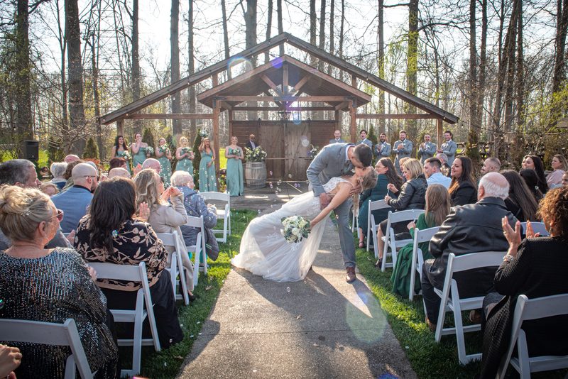 A bride and groom kiss at an altar as guests applaud, petals scatter, and sunlight filters through trees.