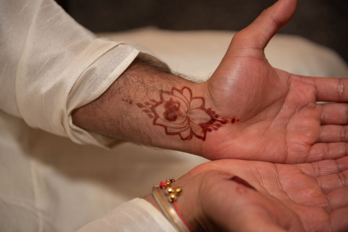 A person shows off intricate henna designs on their wrist and palm, adorned with traditional bangles.