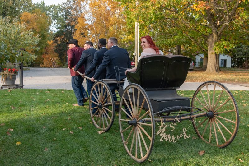 A smiling red-haired bride in a carriage with a 'Just Married' sign as four men push it across an autumn lawn.