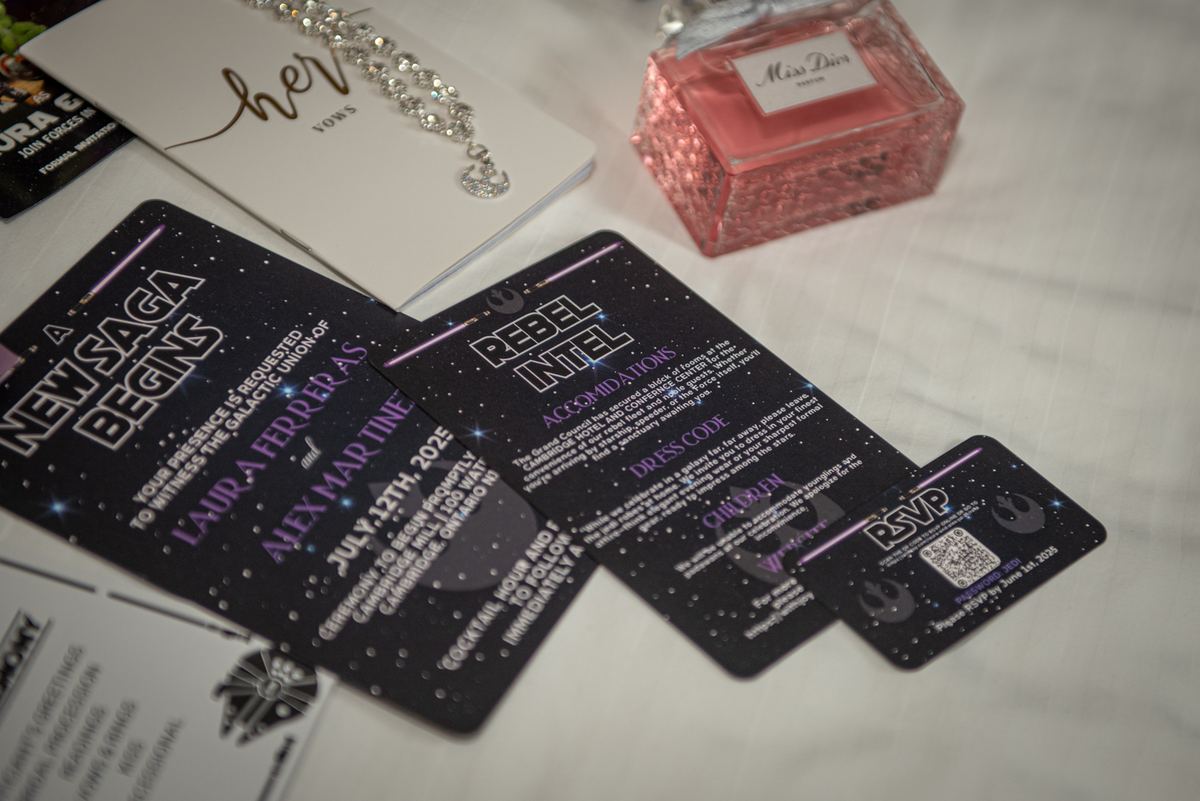 Star Wars wedding invitations, a pink perfume bottle, and a sparkling bracelet are arranged on a white surface.