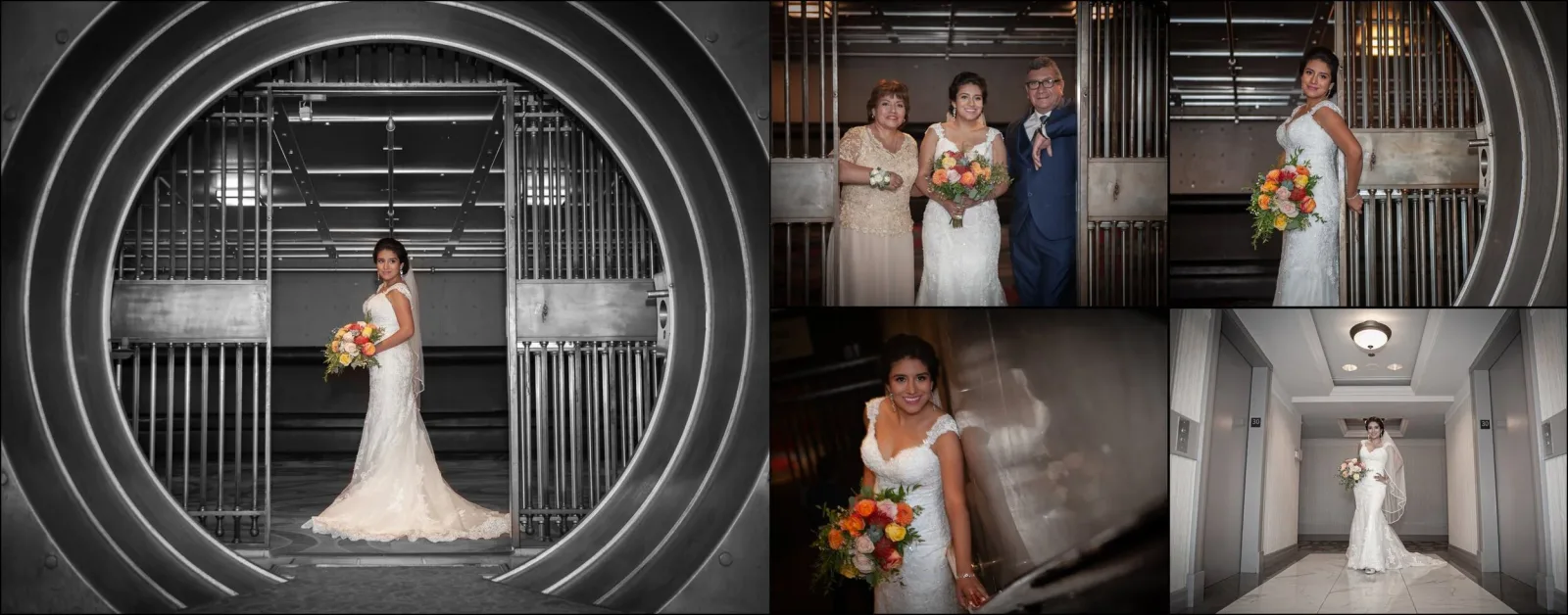 Album spread: a bride holding an orange and pink bouquet in a circular bank-vault doorway, with smaller photographs of her with two relatives, beside a metal gate, and walking down a corridor.