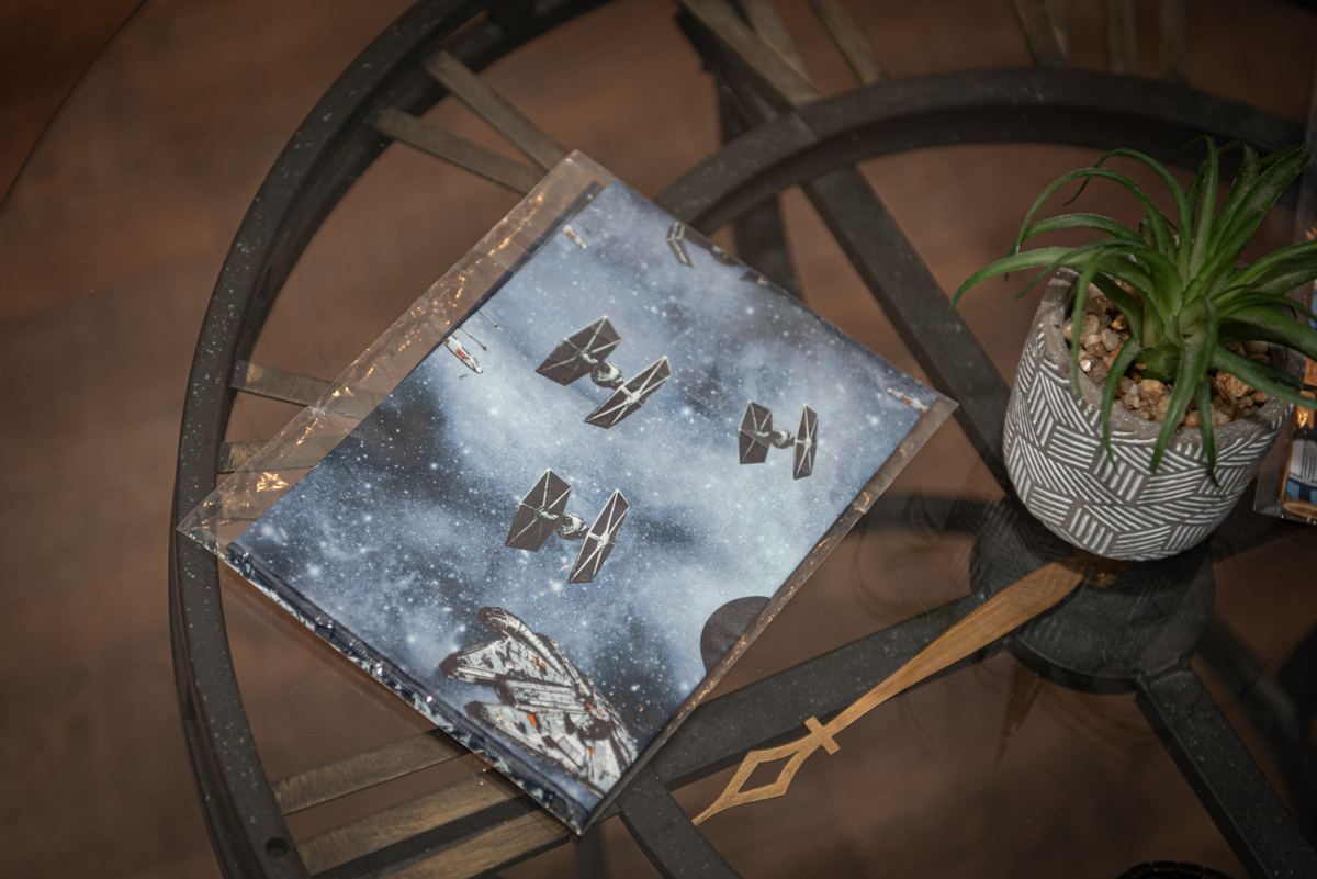 A dark metal table holds a Star Wars canvas and a potted succulent, illuminated by soft ambient light.