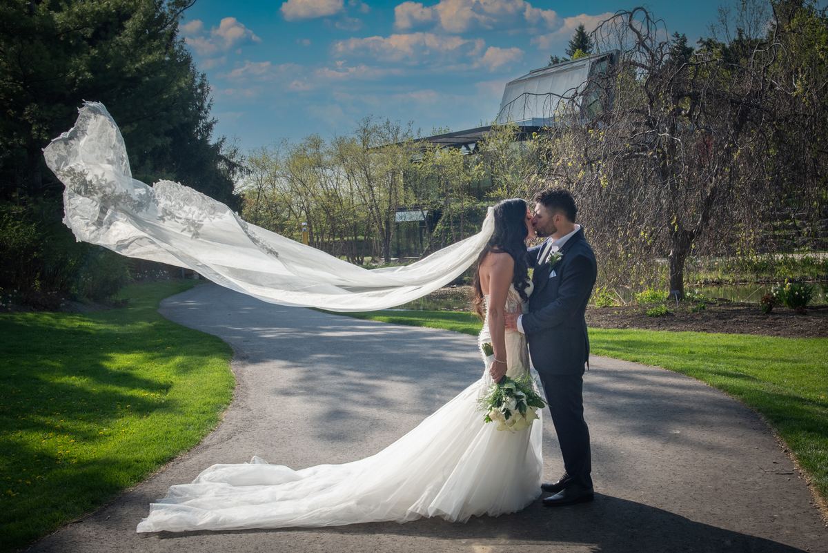 A bride and groom kiss along a path surrounded by greenery under a bright sky, with her veil billowing in the wind.