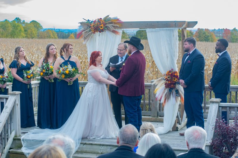 A bride and groom exchange vows at a wooden altar in a golden cornfield under a floral arch, flanked by their wedding party.