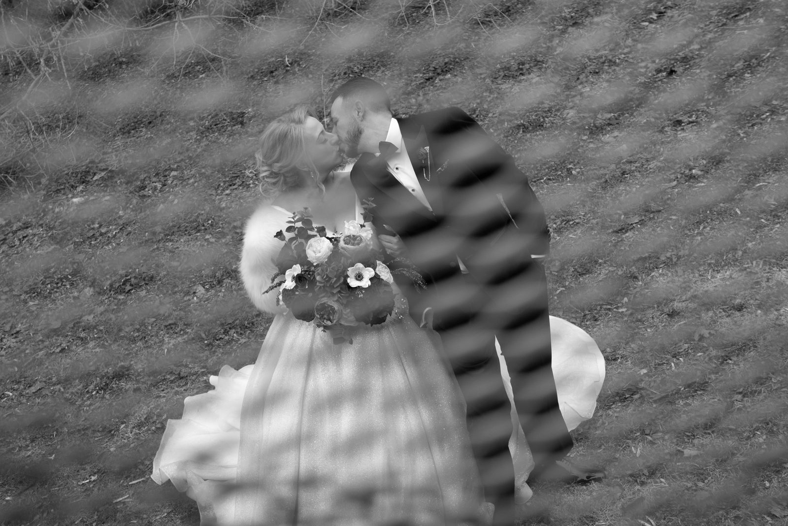 A bride and groom share a quiet kiss outdoors, soft blurred leaves framing them in a black-and-white wedding photograph.