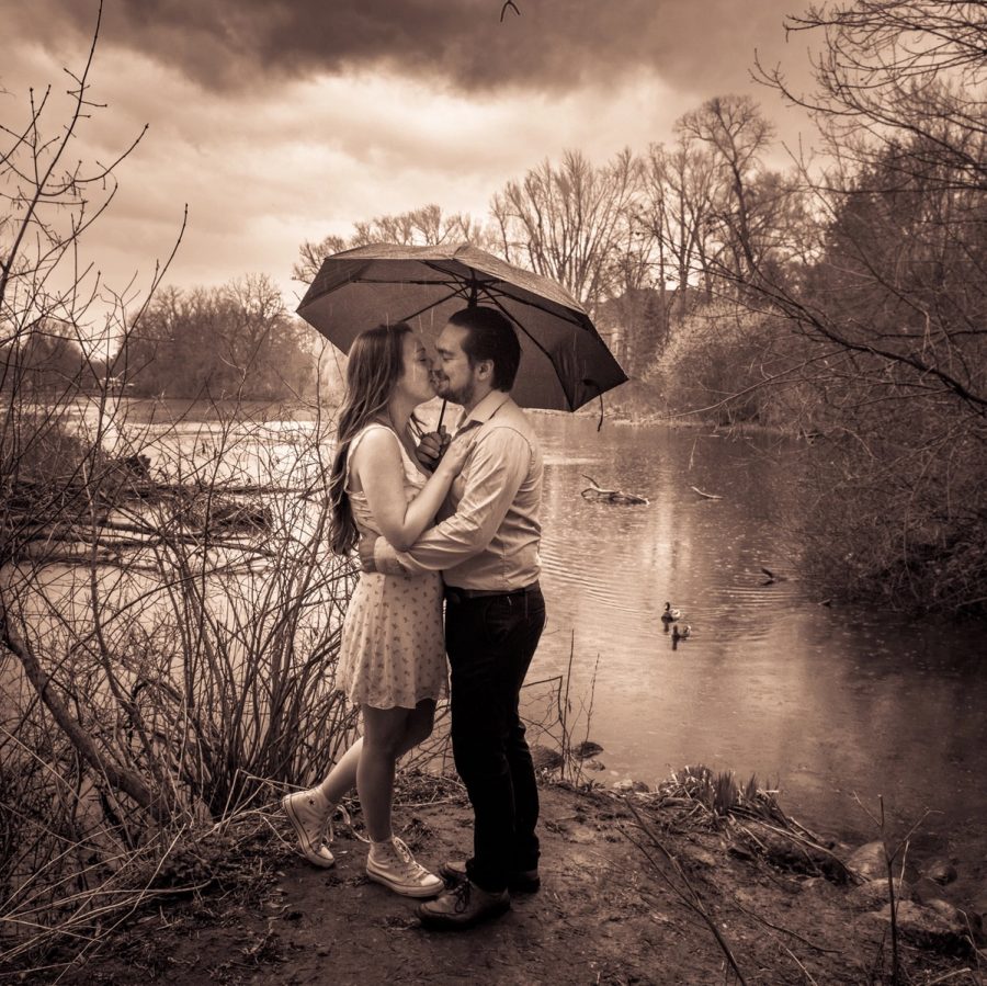 A couple kiss beneath an umbrella in the rain at the edge of a pond, bare trees and a heavy sky behind them and two geese on the water.