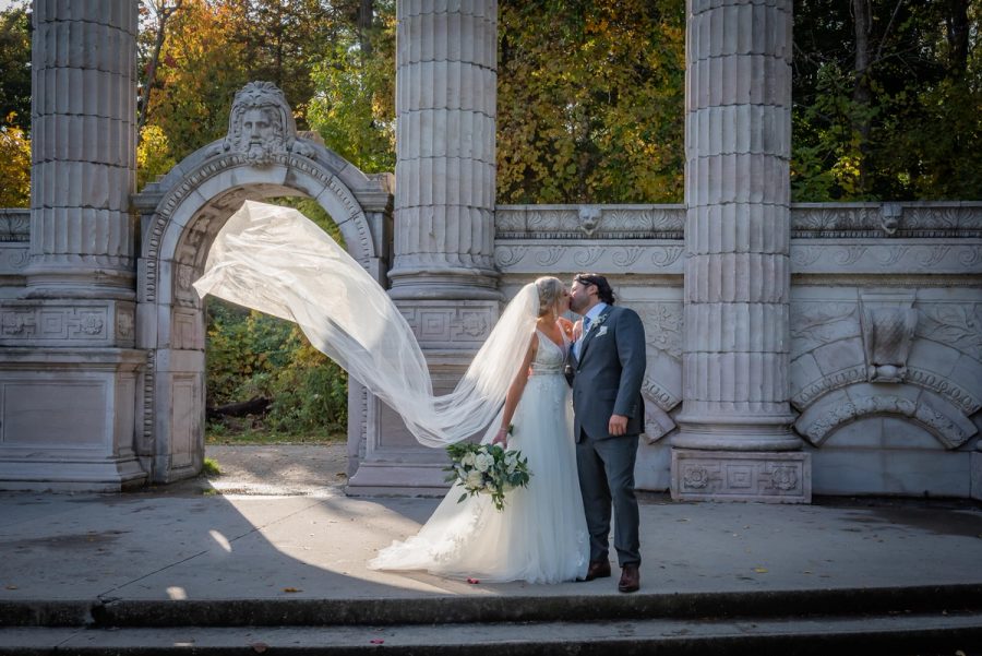 Dawn & Adrian Guild Inn Estate Weddding Portrait veil flying in the sun