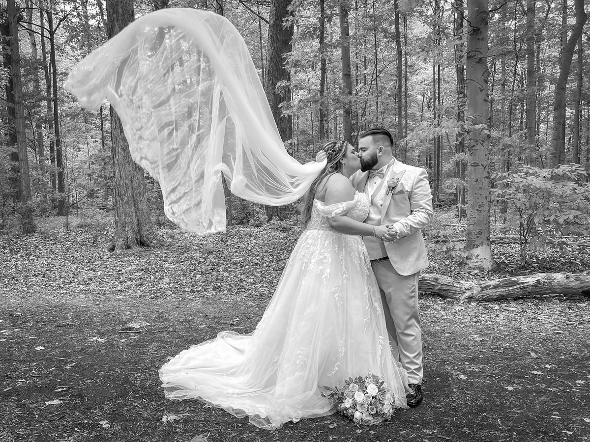 A bride and groom kiss in a forest, their veil billowing in the wind under diffused light filtering through trees.