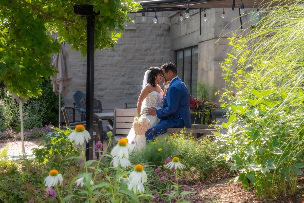 A newlywed couple kisses on a bench in a sun-dappled garden courtyard surrounded by foliage and wildflowers.