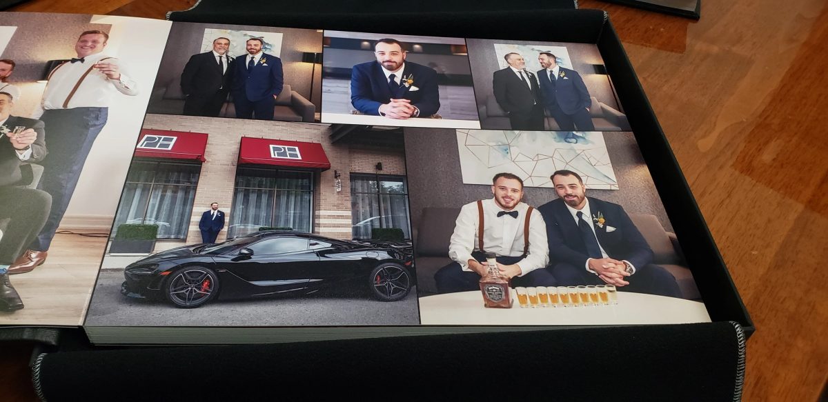 A close-up of an open layflat spread, photographs printed to the edge of the page