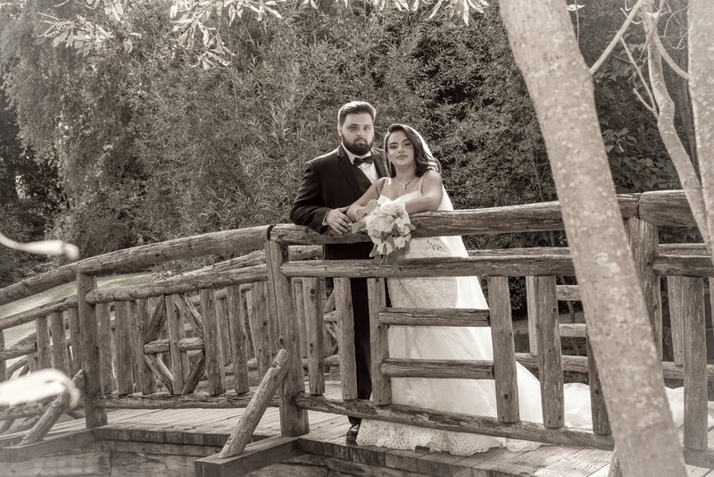 A bride and groom stand on a rustic wooden bridge, framed by trees in soft light, gazing at the camera.