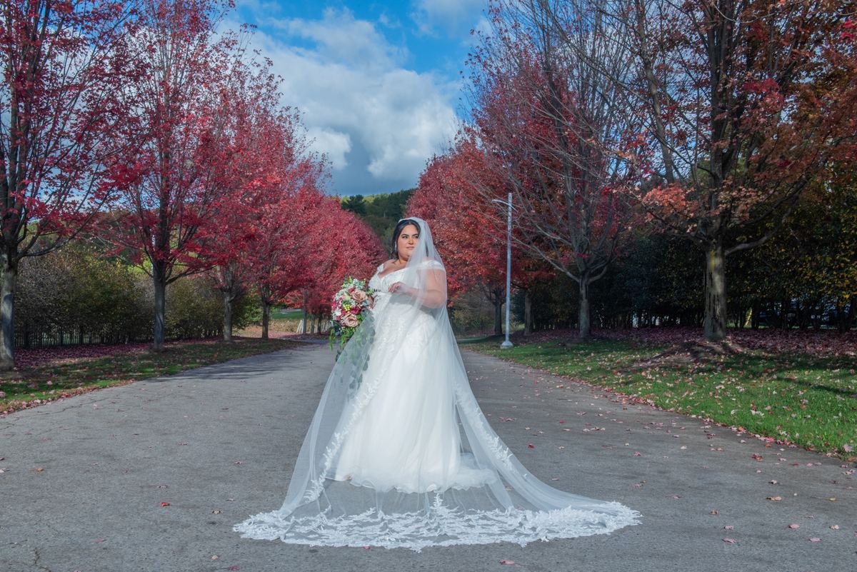 A bride in a white gown and veil stands on a path framed by autumn trees, holding a bouquet under a partly cloudy sky.