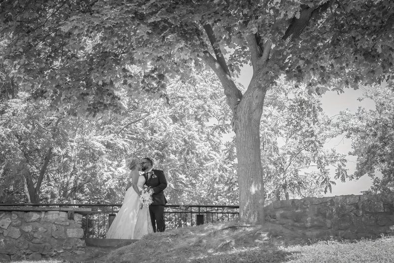 A bride and groom kiss under a leafy tree, surrounded by stone walls, in soft black-and-white light.