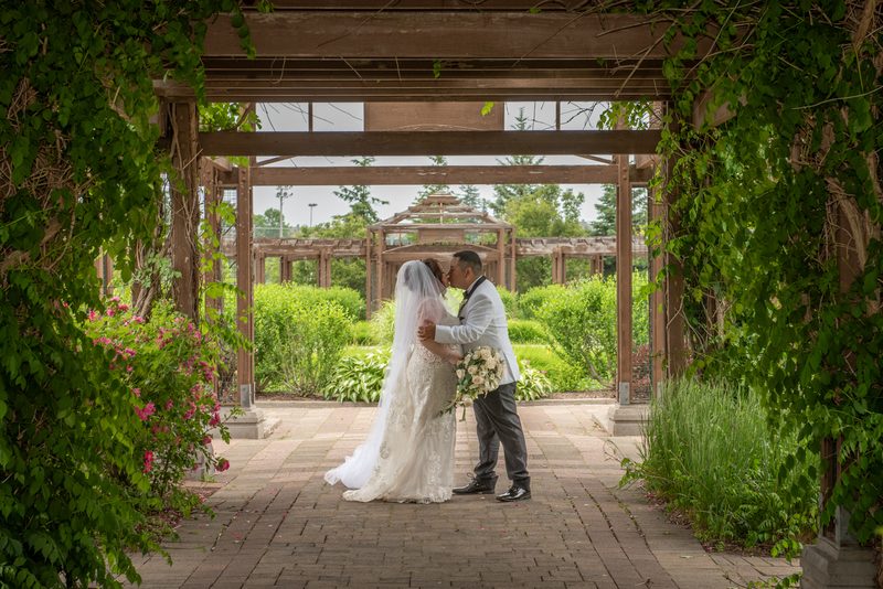 Bride and groom kiss beneath a vine-covered pergola in a garden filled with greenery and pink blossoms.