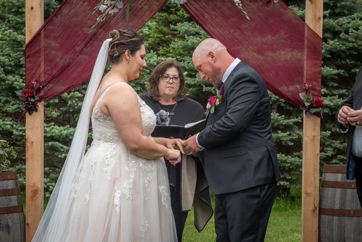 Bride and groom exchange rings under wooden arch with evergreen backdrop, illuminated by natural light.