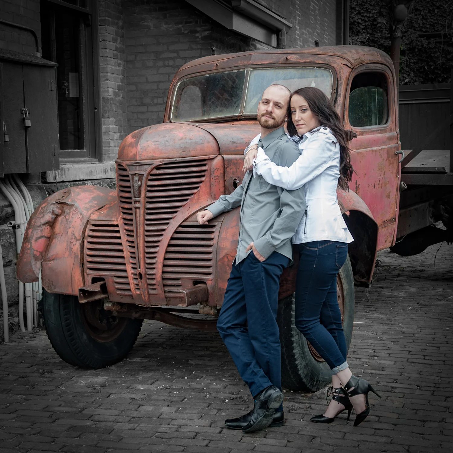 Old truck at distillery district engagement photo (Copy)