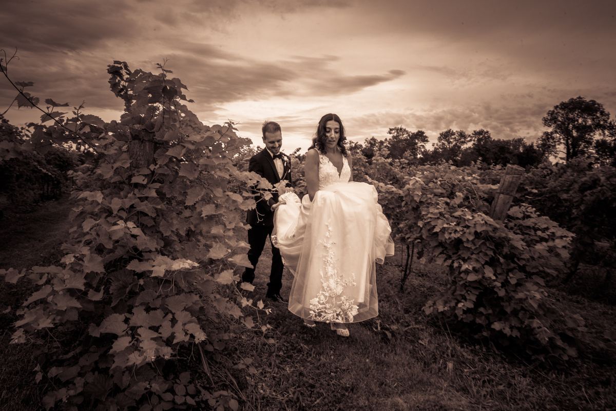 Bride and groom walk through a vineyard, the groom holding her gown train, under dramatic sunset clouds.