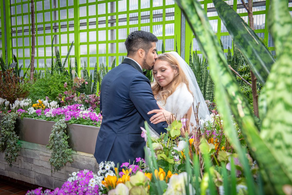 A bride in a white gown and veil smiles as her groom in a dark suit kisses her cheek in a greenhouse filled with light.
