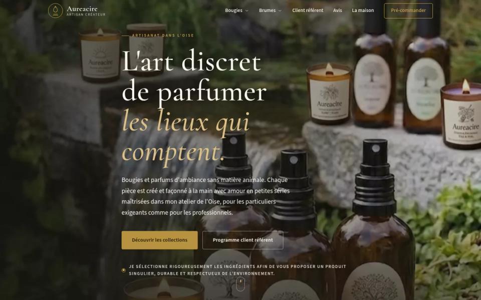 Page d’accueil du site Aureacire, bougies et parfums d’ambiance artisanaux
