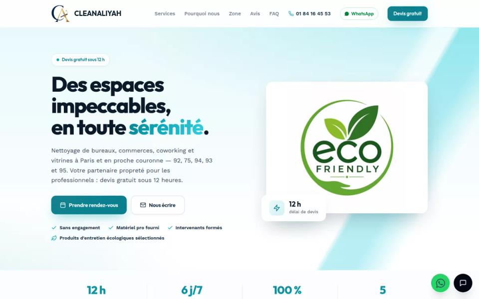 Page d’accueil du site CLEANALIYAH, nettoyage professionnel en Île-de-France