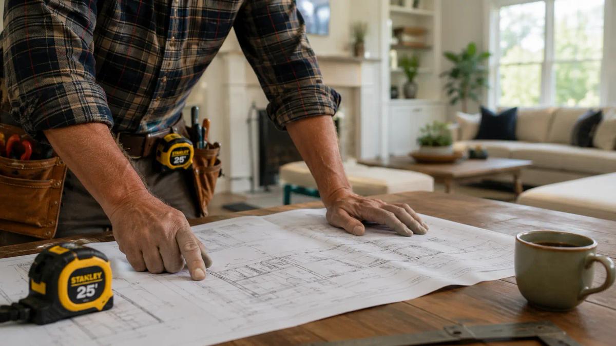 Close-up of a craftsman's hands working on blueprints and a tape measure on a kitchen remodeling project desk, with a glimpse of a newly remodeled living room in the background.