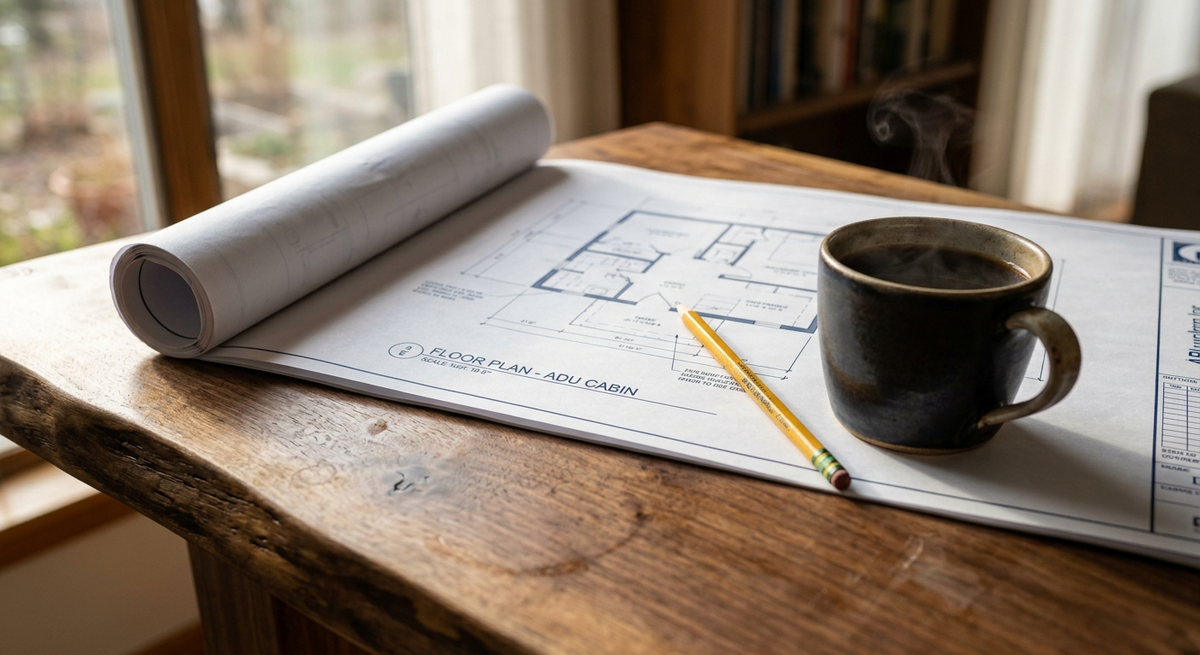 Close-up, highly realistic photo of a blueprint sitting on a beautiful custom wood countertop, with a pencil and a steaming mug of coffee. Cozy, natural morning light.