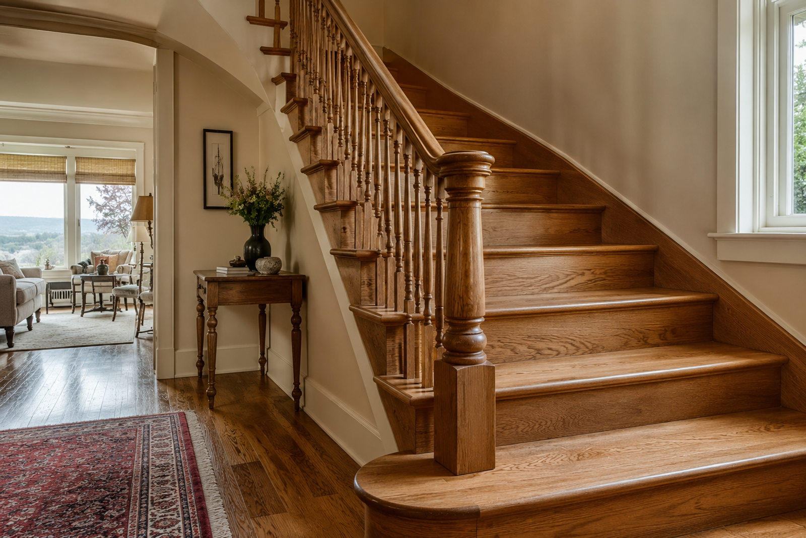 Custom hardwood staircase built by Tradecraft VT in a Chittenden County, Vermont home.