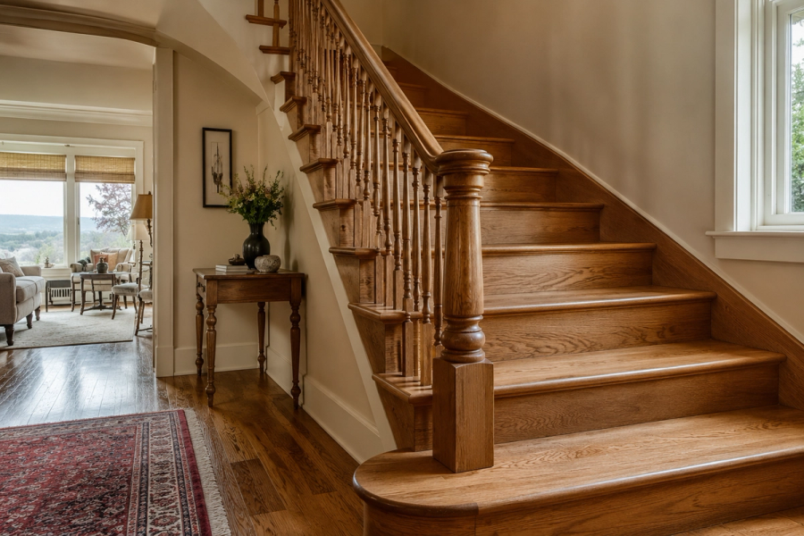 Custom hardwood staircase built by Tradecraft VT in a Chittenden County, Vermont home.